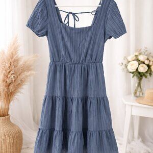 City Studio Blue Crinkle Tiered Mini Dress Open Back Tie L READ